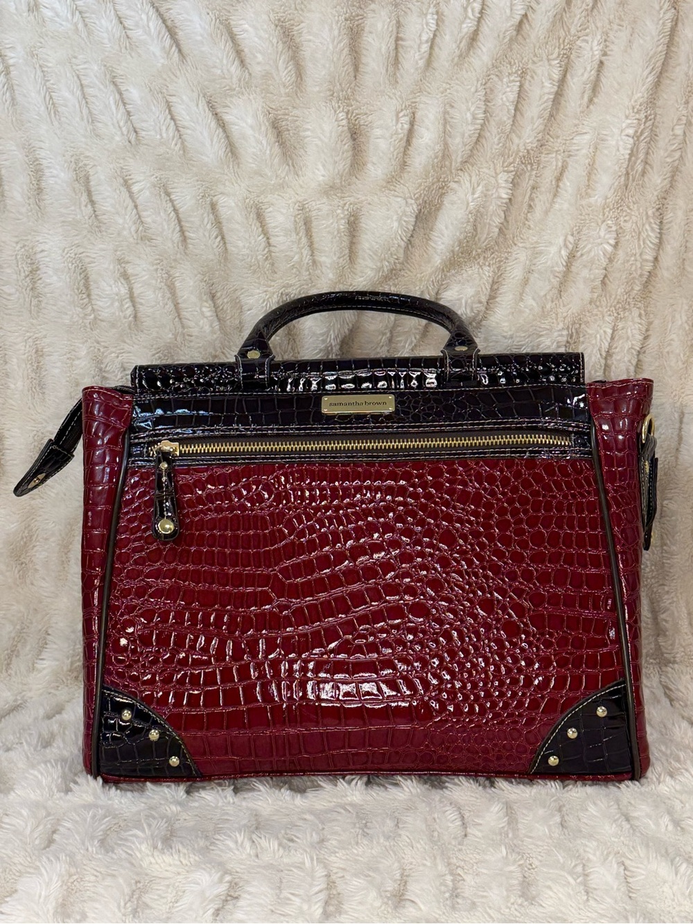 Samantha Brown Burgundy Croc-Embossed Satchel with Black Trim